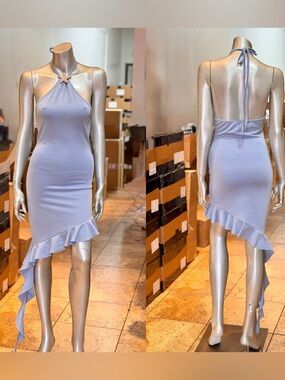 Halter Midi Dress with Asymmetrical Ruffle - Light Lavender